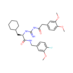 COc1cc(CNC(=O)[C@@H](CC2CCCCC2)NC(=N)NC(=O)Cc2ccc(OC)c(OC)c2)ccc1F ZINC000146052552