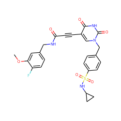 COc1cc(CNC(=O)C#Cc2cn(Cc3ccc(S(=O)(=O)NC4CC4)cc3)c(=O)[nH]c2=O)ccc1F ZINC001772577851