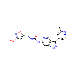 COc1cc(CNC(=O)Nc2cc3[nH]nc(-c4ccnc(C)c4)c3cn2)on1 ZINC000261109236