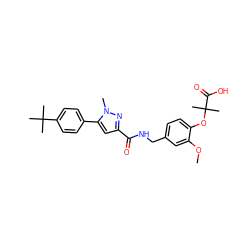 COc1cc(CNC(=O)c2cc(-c3ccc(C(C)(C)C)cc3)n(C)n2)ccc1OC(C)(C)C(=O)O ZINC000040901427