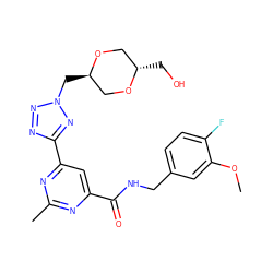 COc1cc(CNC(=O)c2cc(-c3nnn(C[C@@H]4CO[C@@H](CO)CO4)n3)nc(C)n2)ccc1F ZINC000149837854