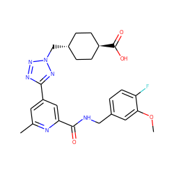 COc1cc(CNC(=O)c2cc(-c3nnn(C[C@H]4CC[C@H](C(=O)O)CC4)n3)cc(C)n2)ccc1F ZINC000253678991