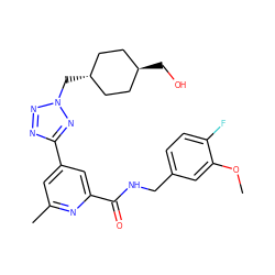 COc1cc(CNC(=O)c2cc(-c3nnn(C[C@H]4CC[C@H](CO)CC4)n3)cc(C)n2)ccc1F ZINC000653688587