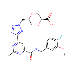 COc1cc(CNC(=O)c2cc(-c3nnn(C[C@H]4CO[C@H](C(=O)O)CO4)n3)nc(C)n2)ccc1F ZINC000142203857