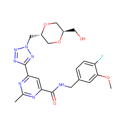 COc1cc(CNC(=O)c2cc(-c3nnn(C[C@H]4CO[C@H](CO)CO4)n3)nc(C)n2)ccc1F ZINC000095938305