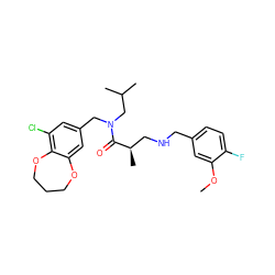 COc1cc(CNC[C@@H](C)C(=O)N(Cc2cc(Cl)c3c(c2)OCCCO3)CC(C)C)ccc1F ZINC000114099649