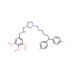 COc1cc(CNC[C@@H]2CCN(CCCCCC(c3ccc(F)cc3)c3ccc(F)cc3)C2)cc(OC)c1OC ZINC000084758694