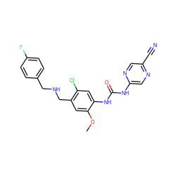 COc1cc(CNCc2ccc(F)cc2)c(Cl)cc1NC(=O)Nc1cnc(C#N)cn1 ZINC000140061572