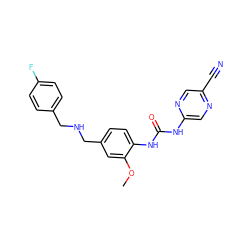 COc1cc(CNCc2ccc(F)cc2)ccc1NC(=O)Nc1cnc(C#N)cn1 ZINC000169130670