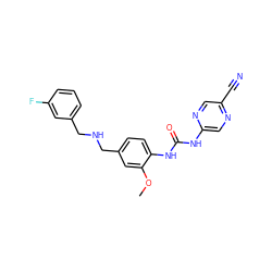 COc1cc(CNCc2cccc(F)c2)ccc1NC(=O)Nc1cnc(C#N)cn1 ZINC000146156398