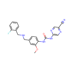 COc1cc(CNCc2ccccc2F)ccc1NC(=O)Nc1cnc(C#N)cn1 ZINC000146158495