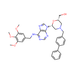 COc1cc(CNc2ncnc3c2ncn3[C@H]2CN(Cc3ccc(-c4ccccc4)cc3)C[C@@H](CO)O2)cc(OC)c1OC ZINC000072136030