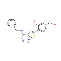 COc1cc(CO)ccc1-c1cc2c(NCc3ccccc3)ncnc2s1 ZINC000653701044