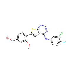 COc1cc(CO)ccc1-c1cc2c(Nc3ccc(F)c(Cl)c3)ncnc2s1 ZINC000653707444