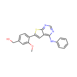 COc1cc(CO)ccc1-c1cc2c(Nc3ccccc3)ncnc2s1 ZINC000653701085