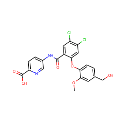 COc1cc(CO)ccc1Oc1cc(Cl)c(Cl)cc1C(=O)Nc1ccc(C(=O)O)nc1 ZINC000218493871