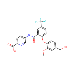 COc1cc(CO)ccc1Oc1ccc(C(F)(F)F)cc1C(=O)Nc1ccc(C(=O)O)nc1 ZINC000218495812