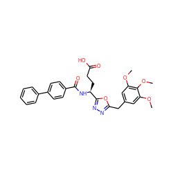 COc1cc(Cc2nnc([C@H](CCC(=O)O)NC(=O)c3ccc(-c4ccccc4)cc3)o2)cc(OC)c1OC ZINC000072178216