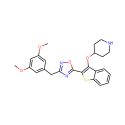 COc1cc(Cc2noc(-c3sc4ccccc4c3OC3CCNCC3)n2)cc(OC)c1 ZINC000169307406