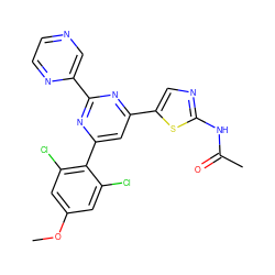 COc1cc(Cl)c(-c2cc(-c3cnc(NC(C)=O)s3)nc(-c3cnccn3)n2)c(Cl)c1 ZINC000084690846