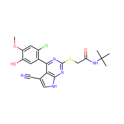 COc1cc(Cl)c(-c2nc(SCC(=O)NC(C)(C)C)nc3[nH]cc(C#N)c23)cc1O ZINC000059111927