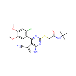 COc1cc(Cl)c(-c2nc(SCC(=O)NC(C)(C)C)nc3[nH]cc(C#N)c23)cc1OC ZINC000043203812