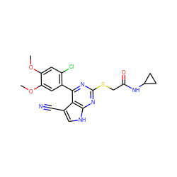 COc1cc(Cl)c(-c2nc(SCC(=O)NC3CC3)nc3[nH]cc(C#N)c23)cc1OC ZINC000059111779