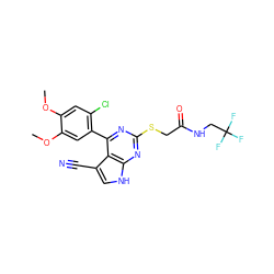 COc1cc(Cl)c(-c2nc(SCC(=O)NCC(F)(F)F)nc3[nH]cc(C#N)c23)cc1OC ZINC000059112319