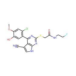 COc1cc(Cl)c(-c2nc(SCC(=O)NCCF)nc3[nH]cc(C#N)c23)cc1O ZINC000059111928