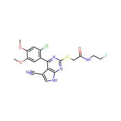 COc1cc(Cl)c(-c2nc(SCC(=O)NCCF)nc3[nH]cc(C#N)c23)cc1OC ZINC000059112130