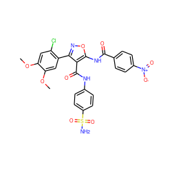 COc1cc(Cl)c(-c2noc(NC(=O)c3ccc([N+](=O)[O-])cc3)c2C(=O)Nc2ccc(S(N)(=O)=O)cc2)cc1OC ZINC001772650012