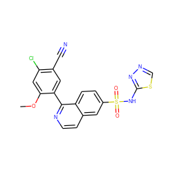 COc1cc(Cl)c(C#N)cc1-c1nccc2cc(S(=O)(=O)Nc3nncs3)ccc12 ZINC000215512002