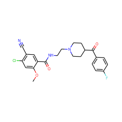 COc1cc(Cl)c(C#N)cc1C(=O)NCCN1CCC(C(=O)c2ccc(F)cc2)CC1 ZINC000059511392