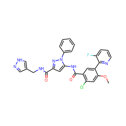 COc1cc(Cl)c(C(=O)Nc2cc(C(=O)NCc3cn[nH]c3)nn2-c2ccccc2)cc1-c1ncccc1F ZINC001772639828