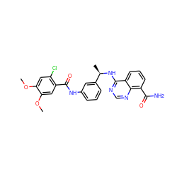 COc1cc(Cl)c(C(=O)Nc2cccc([C@@H](C)Nc3ncnc4c(C(N)=O)cccc34)c2)cc1OC ZINC000114344409