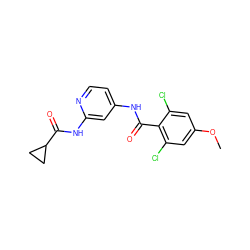 COc1cc(Cl)c(C(=O)Nc2ccnc(NC(=O)C3CC3)c2)c(Cl)c1 ZINC000096928683