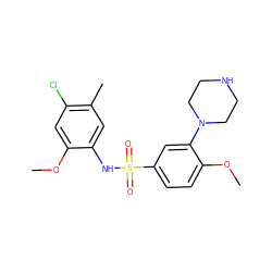 COc1cc(Cl)c(C)cc1NS(=O)(=O)c1ccc(OC)c(N2CCNCC2)c1 ZINC000027656683