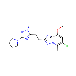 COc1cc(Cl)c(C)n2nc(CCc3nc(N4CCCC4)nn3C)nc12 ZINC000210695517