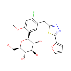 COc1cc(Cl)c(Cc2nnc(-c3ccco3)s2)cc1[C@@H]1O[C@H](CO)[C@@H](O)[C@H](O)[C@H]1O ZINC000096173927