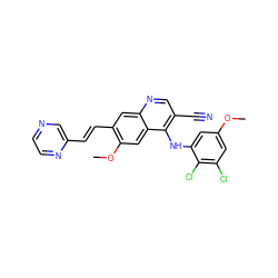 COc1cc(Cl)c(Cl)c(Nc2c(C#N)cnc3cc(/C=C/c4cnccn4)c(OC)cc23)c1 ZINC000028333524