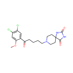 COc1cc(Cl)c(Cl)cc1C(=O)CCCCN1CCC2(CC1)NC(=O)NC2=O ZINC000026647284