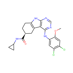 COc1cc(Cl)c(Cl)cc1Nc1ncnc2[nH]c3c(c12)C[C@@H](C(=O)NC1CC1)CC3 ZINC000218341024