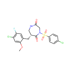 COc1cc(Cl)c(F)cc1C[C@@H]1CNC(=O)CN(S(=O)(=O)c2ccc(Cl)cc2)C1=O ZINC000115439428