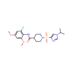 COc1cc(Cl)c(NC(=O)C2CCN(S(=O)(=O)c3cn(C(C)C)cn3)CC2)c(OC)c1 ZINC000064957736