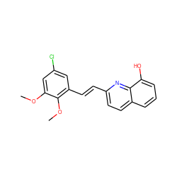 COc1cc(Cl)cc(/C=C/c2ccc3cccc(O)c3n2)c1OC ZINC000004123952