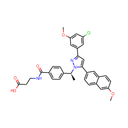 COc1cc(Cl)cc(-c2cc(-c3ccc4cc(OC)ccc4c3)n([C@@H](C)c3ccc(C(=O)NCCC(=O)O)cc3)n2)c1 ZINC000095117927