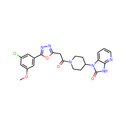 COc1cc(Cl)cc(-c2nnc(CC(=O)N3CCC(n4c(=O)[nH]c5ncccc54)CC3)o2)c1 ZINC000045388186