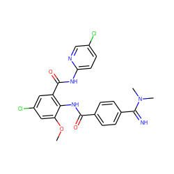 COc1cc(Cl)cc(C(=O)Nc2ccc(Cl)cn2)c1NC(=O)c1ccc(C(=N)N(C)C)cc1 ZINC000040900343