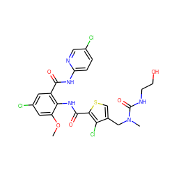 COc1cc(Cl)cc(C(=O)Nc2ccc(Cl)cn2)c1NC(=O)c1scc(CN(C)C(=O)NCCO)c1Cl ZINC000014963097