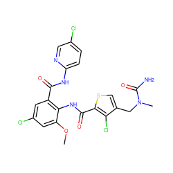 COc1cc(Cl)cc(C(=O)Nc2ccc(Cl)cn2)c1NC(=O)c1scc(CN(C)C(N)=O)c1Cl ZINC000014963093